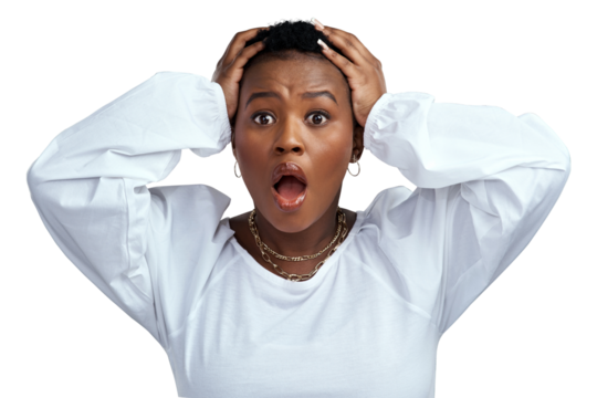 PNG shot of a woman looking worried while standing.