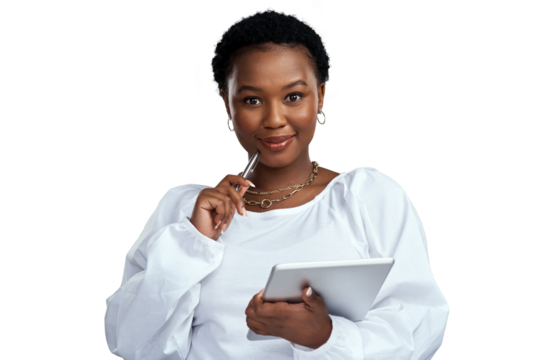 PNG shot of a young woman using a digital tablet while standing.