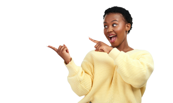 PNG shot of a young woman pointing at copy-space while posing.