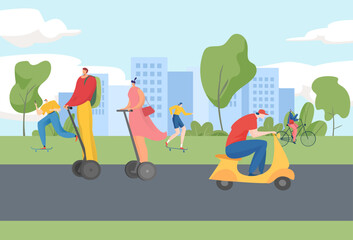 Obraz na płótnie Canvas City flat people at transport, vector illustration. Urban road lifestyle, man woman character ride bike, bicycle, skateboard and segway.