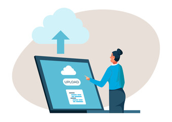 Hosting with cloud storage concept, vector illustration, data computing in internet, flat woman character upload information at computer, web server