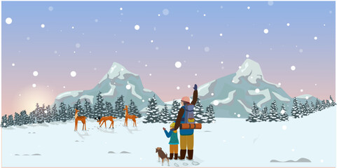 Winter walk of the family through the winter forest in the mountains to the wild deer. Christmas winter landscape. Vector illustration