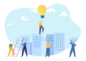 Business competition concept, vector illustration, businessman people character try to get idea bulb with wings, leader hold rope in sky.