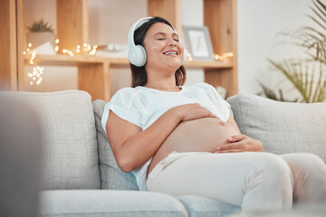 Obraz na płótnie Canvas Pregnant woman, relax and headphones for listening to music on sofa for healthy zen, calm and peace for wellness or soothing at home. Happy female with pregnancy tummy on living room couch to rest