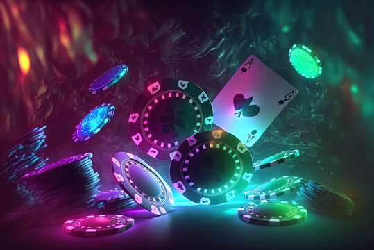 There Are Falling Poker Chips And Cards On A Flashing Neon Casino Backdrop. Generative AI