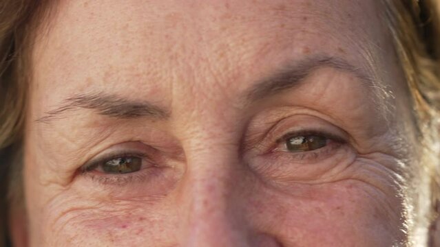 One Senior Woman Close Up Macro Face of Eyes Looking at Camera. Wrinkled Female Person Older Female Person With Happy Expression