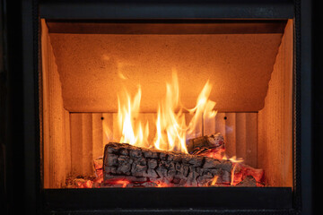 Fire flames and burning wood logs, energy stove fireplace close up, - Powered by Adobe