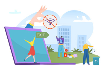 Digital detox, offline lifestyle concept, vector illustration. Flat tiny man woman character exit technology screen, break from internet