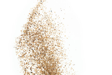 Big size Sand flying explosion, Golden grain wave explode. Abstract cloud fly. Yellow colored sand splash throwing in Air. White background Isolated high speed shutter, throwing freeze stop motion