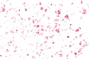 Many Dot droplet of Red juice from splash in Air. Water red tomato pour from sky and purify clean natural. Wine shape form of water splashing flow celebrate over White background Isolated.