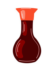 Soy sauce in glass bottle. Traditional asian salty sauce for sushi in cartoon style.Vector illustration isolated on white background.