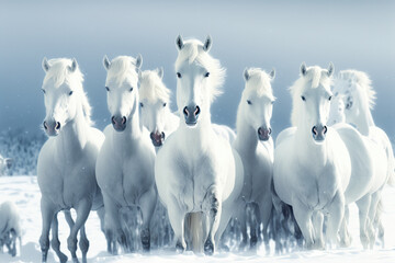All-white horses standing in high snow. Digital artwork