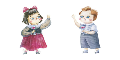 cute childish watercolor illustration with children in carnaval costume, new year and christmas watercolor art, design and print