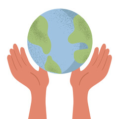Hand drawn hands holding and caring for planet Earth, sustainable lifestyle concept. isolated vector illustration in flat style