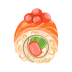 Sushi roll. Concept of snack, sushi, exotic nutrition, sushi restaurant, sea food. Vector illustration isolated on white background. 
