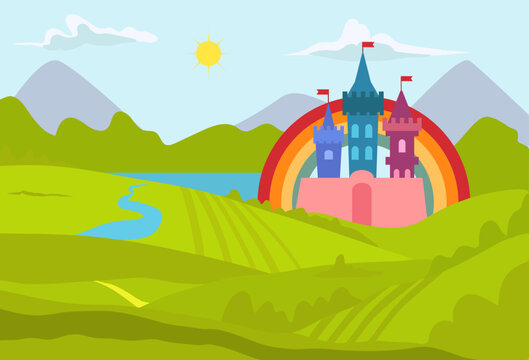 Fantasy castle landscape, vector illustration, medieval kingdom tower from fairy tale, palace architecture with flags, house building at nature.