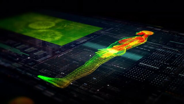 Futuristic biomedical concept of advance holographic scanning a patient's backbone for spinal disc herniation diagnosis head up display