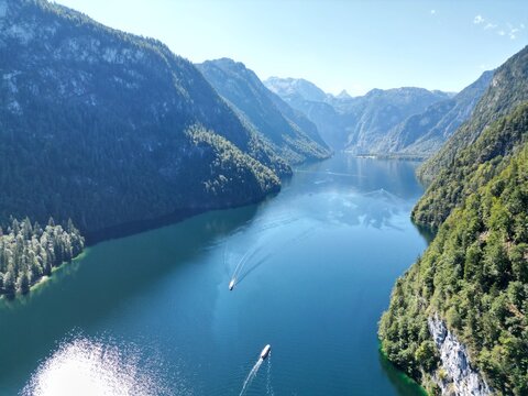 .Koninsee Lake in Bavaria Germany drone aerial view summer