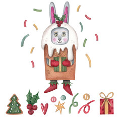 A rabbit in a Christmas cake costume with a gift. Watercolor illustration. Holiday. New Year and Christmas. Season. Winter. Snow. December. Art. Design. Animal. Celebration. Handmade work.