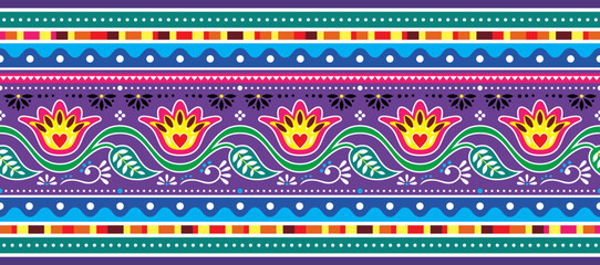 Pakistani and Indian floral truck art vector seamless long horizontal pattern, Indian Diwali traditional floral design with flowers, leaves and abstract shapes in blue and purple
 