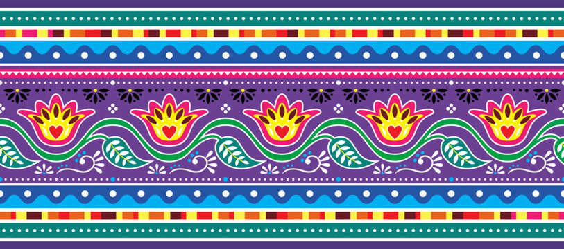 Pakistani and Indian floral truck art vector seamless long horizontal pattern, Indian Diwali traditional floral design with flowers, leaves and abstract shapes in blue and purple
 