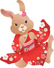 2023年　卯年　年賀状素材 　かわいく跳ねる晴れ着のうさぎ
