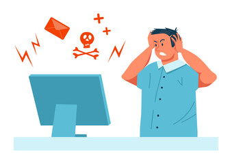 Hacker attack at computer system, vector illustration, flat man character look shocked at screen, internet virus in digital technology, hacking