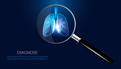 Abstract, magnifying glass and lungs. Lung disease concept. Causes of disease. Search for disease. Tuberculosis. Lung cancer. On blue and black background. Modern futurism. - obrazy, fototapety, plakaty