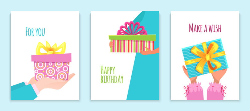 Happy birthday card set, vector illustration, template greeting poster design, hands with gif boxes concept, make wish and for you sign.