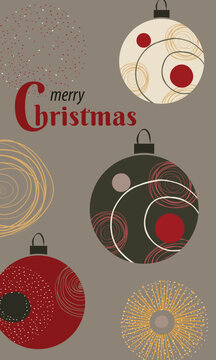 Merry Christmas card with xmas shining balls in red colors and gray background, with fireworks decor and golden elements. Balls decorated in abstract and flat style. Modern and minimalistic. Drawing.