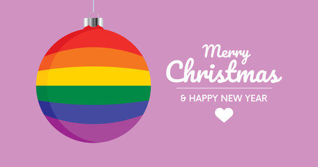 LGBTQ rainbow christmas ball banner icon vector. Merry Christmas and Happy New Year greeting card with LGBTQ rainbow christmas bauble on a purple background graphic design element
