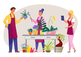 Gardening hobby, vector illustration, flat man woman gardener character care about home plant at table, nature in flower pot. Girl person in apron