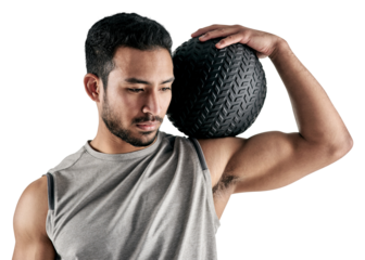 PNG studio shot of a muscular young man holding an exercise ball.
