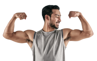 PNG studio shot of a muscular young man flexing his biceps.