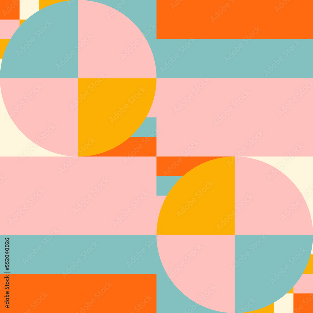 Poster Simple geometric seamless pattern. Modern abstract background with circle, semi circle, square, rectangle stripe shapes in pastel colors.