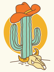 Cowboy hat on cactus. Vector hand drawn wild west colors illustration with cowboy hat and cow skull on American desert sunset for print.