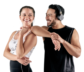 PNG studio shot of a sporty young man and woman posing together.