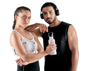 PNG studio portrait of a sporty young man and woman posing together.