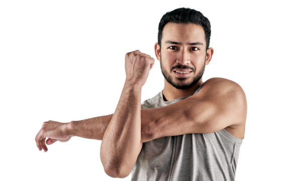 PNG studio portrait of a muscular young man stretching his arms. - Powered by Adobe