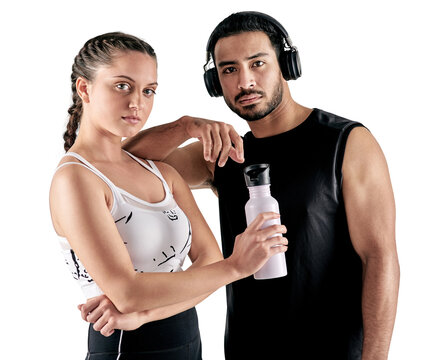 PNG studio portrait of a sporty young man and woman posing together.