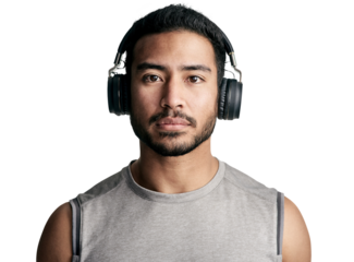 PNG studio portrait of a sporty young man wearing headphones.