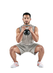 PNG studio portrait of a muscular young man exercising with a kettlebell.