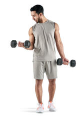 PNG studio shot of a muscular young man exercising with dumbbells.