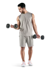 Gordijnen PNG studio shot of a muscular young man exercising with dumbbells. © Suresh/peopleimages.com