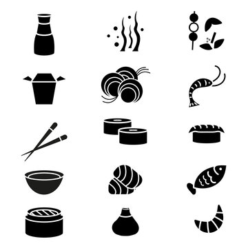 Set of wok icons. Black silhouette for noodles and roll, sushi Asian food. Vector illustration.