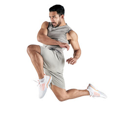 PNG studio shot of a muscular young man jumping isolated on a transparent PNG background