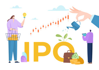 Obraz na płótnie Canvas Business ipo stock company concept, vector illustration, trade finance strategy growth at huge chart, flat woman character hold idea and golden coin.