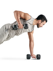 PNG studio shot of a muscular young man exercising with dumbbells
