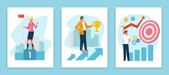 Business leadership success, card design set, vector illustration. Flat woman character stand at piedestal, happy businessman hold trophy, concept