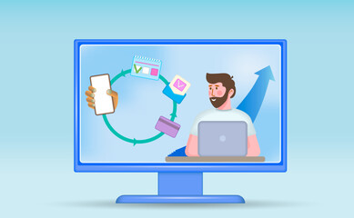 A young man is working on a laptop computer. Creative business ideas,
 economic task planning, business development strategy.
3d vector illustration. Cartoon style.